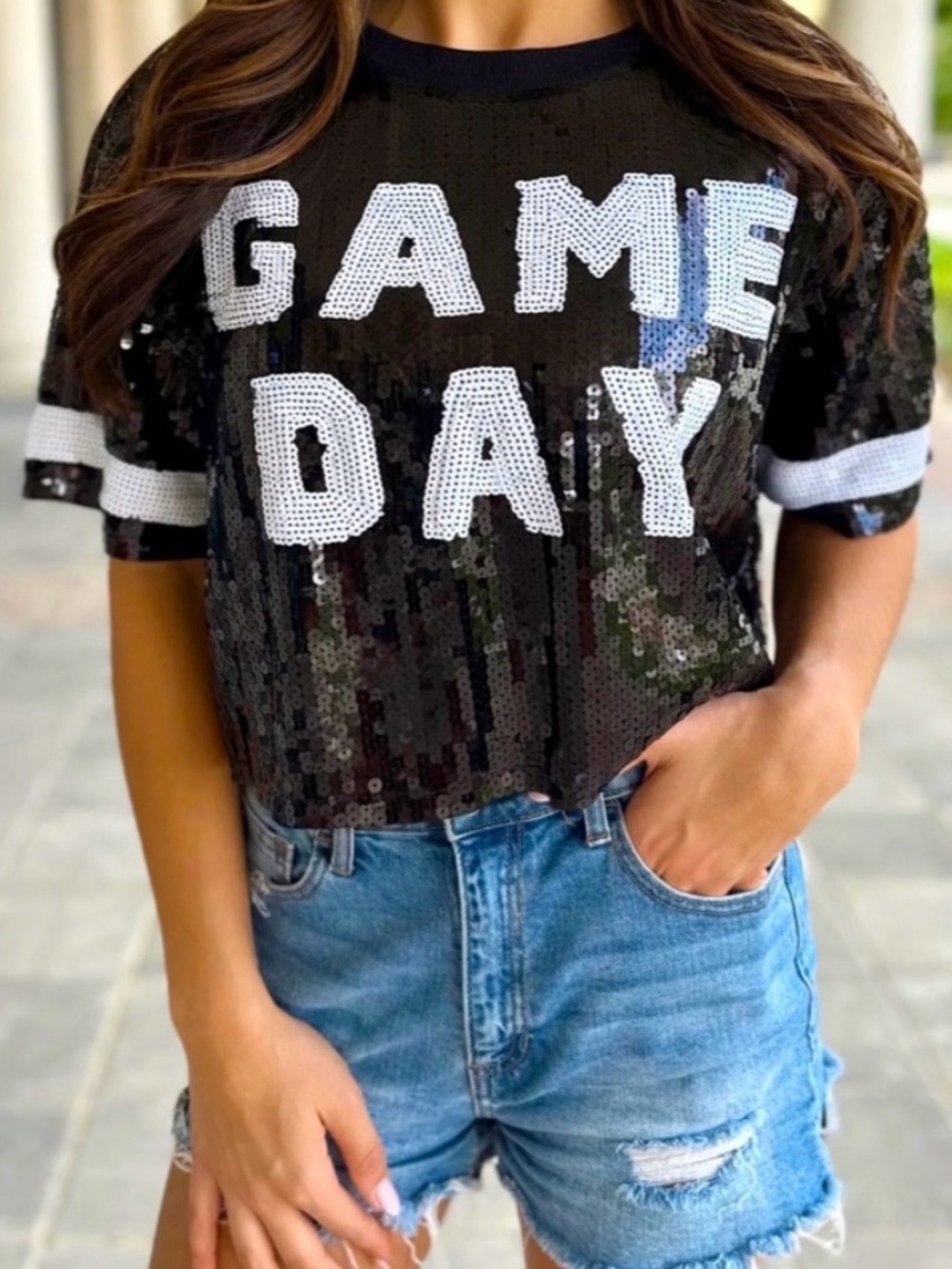 Le Lis Black Sequin Jersey with White 'GAME DAY' Lettering